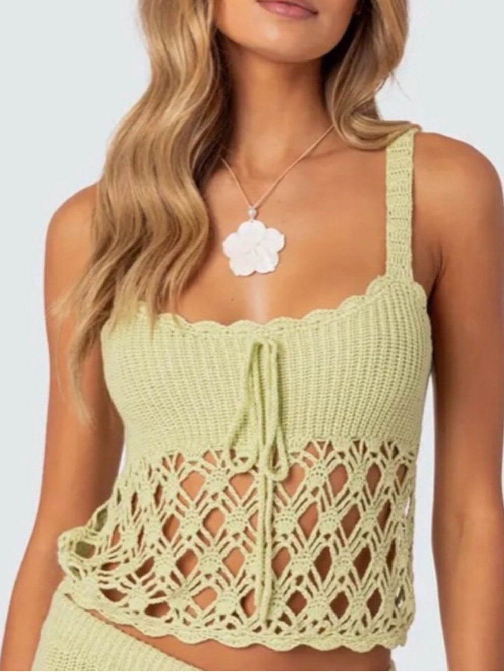 Edikted Danica Light Sage Green Crochet Knit Crop Top Size M